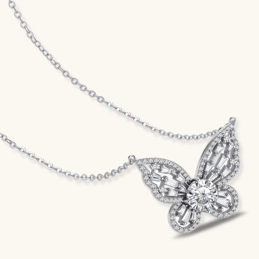 Sterling silver butterfly pendant with radiating design and central moissanite stone on adjustable chain