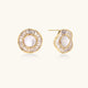 Gold-plated stud earrings with central freshwater pearl surrounded by radiating baguette crystals in sunburst design